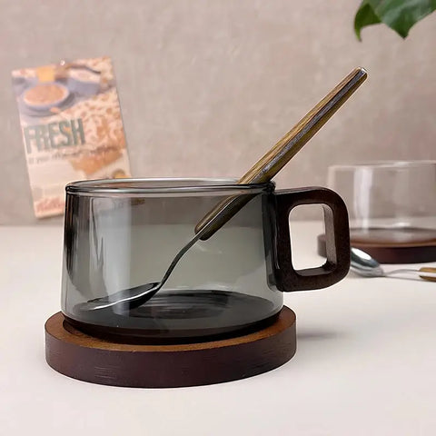 Walnut Harmony – Handcrafted Glass Cup & Saucer - 3 Pieces Set