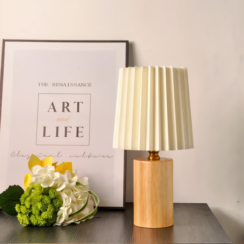 ScandiChic Wooden Table Lamp – Nordic Pleated Fabric Design