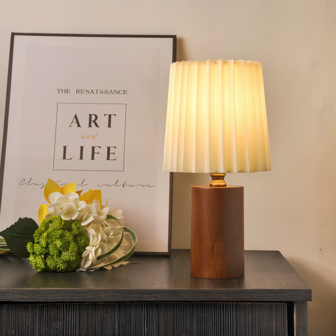 ScandiChic Wooden Table Lamp – Nordic Pleated Fabric Design