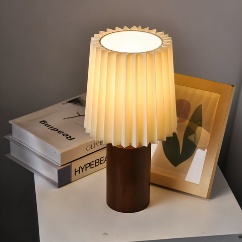 ScandiChic Wooden Table Lamp – Nordic Pleated Fabric Design