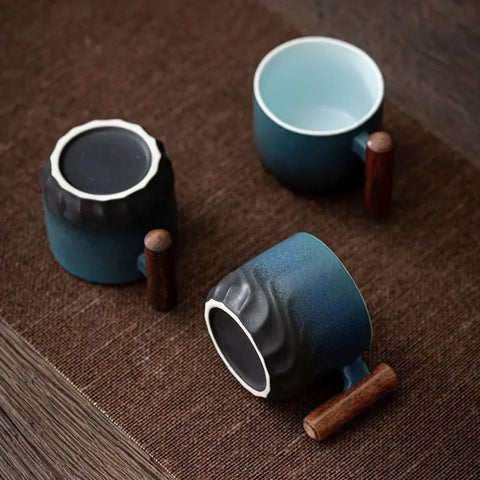 Vintage Espresso Cups With Wooden Handle - Ceramic Design