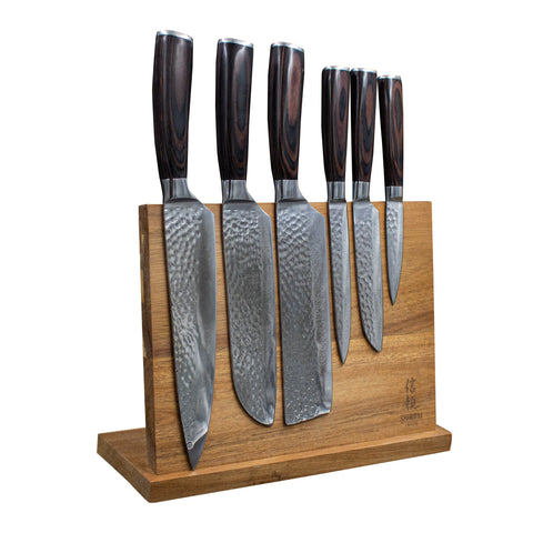Hammered Stainless Steel 6-Piece Knife Set + Acacia Magnetic Holder