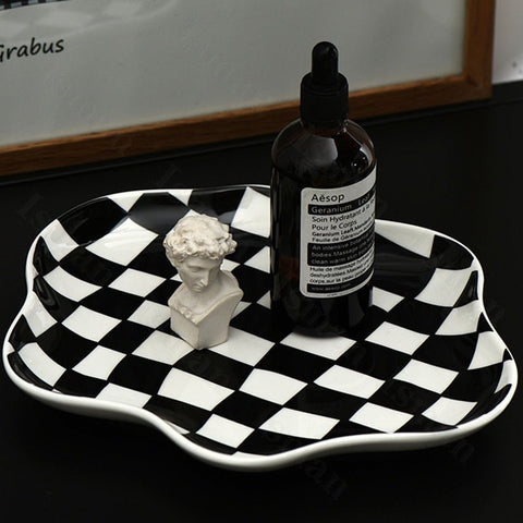 Nordic Ceramic Storage Tray – Modern Checkered Design for Stylish Organization